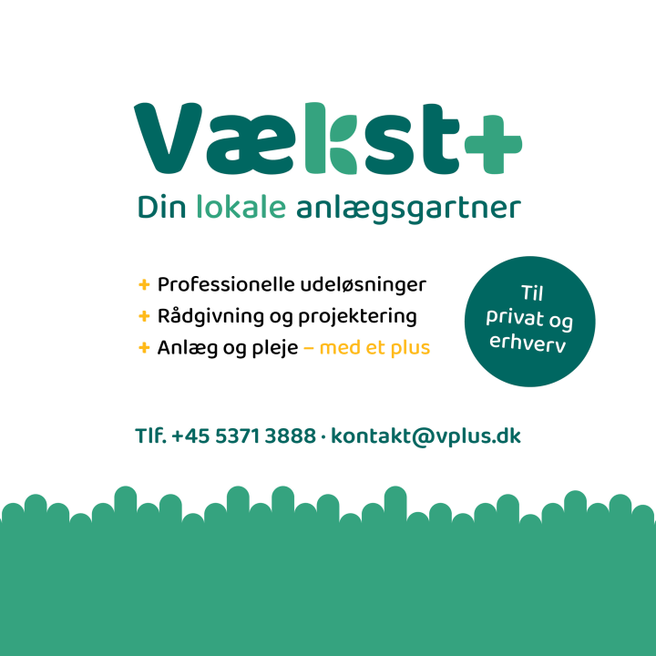 Vækstplus, din lokale anlægsgartner. Telefon +45 5371 3888. Email: kontakt@vplus.dk